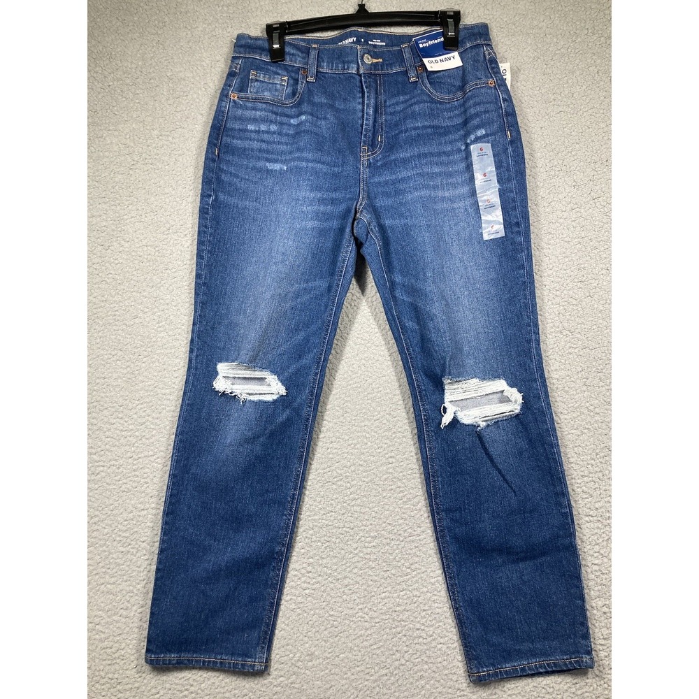 Old Navy Jeans Womens 6 Blue Boyfriend Mid Rise Distressed Stretch Denim